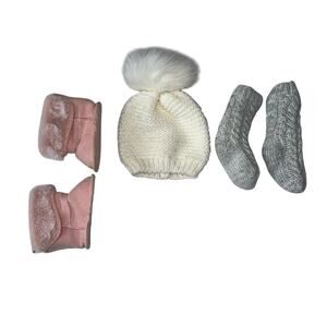 Baby Winter Accessory Set – Knit Pom Hat, Fur Boots & Warming Socks (Size 0-3M)